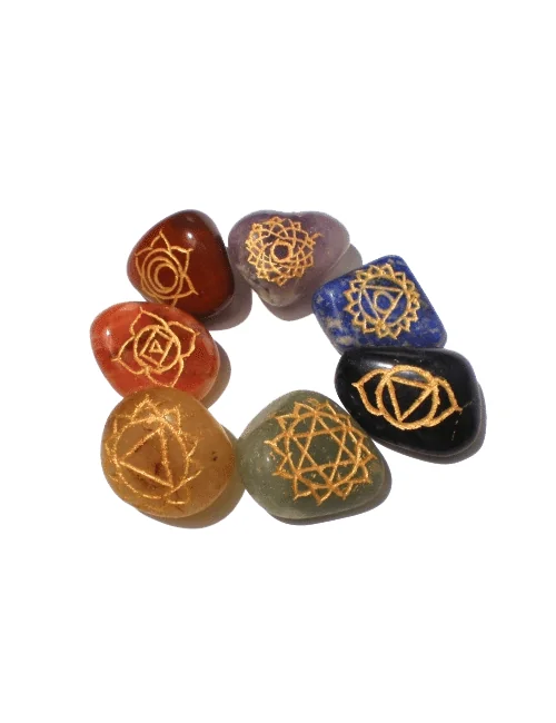 Edelstein / Heilstein - Set aus 7 Chakra Steinen mit goldenen Sanskrit Zeichen - ca. 1,5-2,5cm