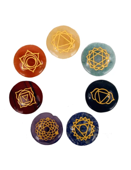 Edelstein / Heilstein - Set aus 7 Chakra Symbolsteinen Gold - rund - ca. 3cm