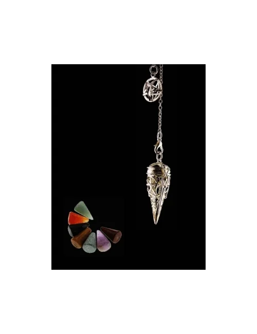 Pendel - Pentagramm - Set mit 7 Chakra Edelstein Spitzen - Silber - ca. 3,5x1,7cm
