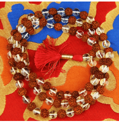 Mala - Edelstein - Bergkristall AA-Qualität & Rudraksha - mit Quaste - 108 Perlen - ca. 39cm