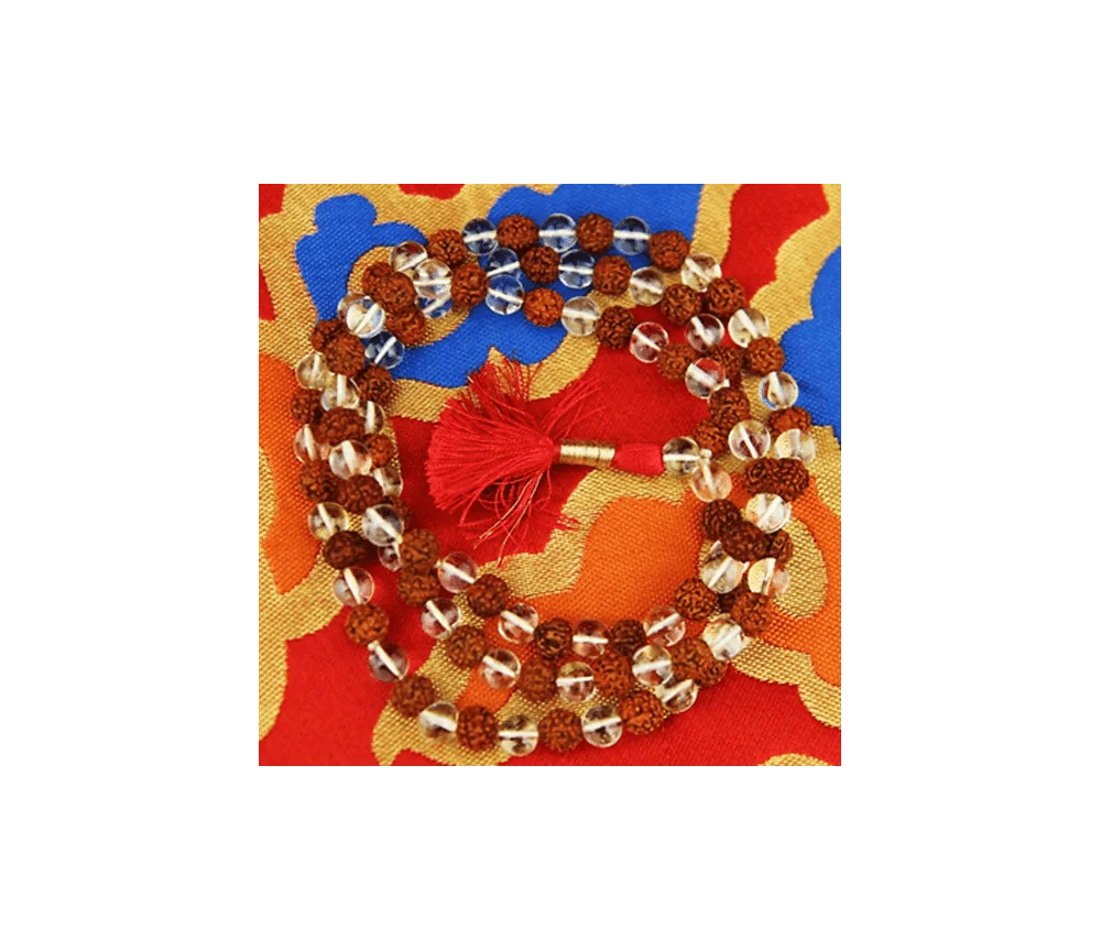 Mala - Edelstein - Bergkristall AA-Qualität & Rudraksha - mit Quaste - 108 Perlen - ca. 39cm
