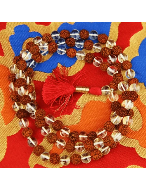Mala - Edelstein - Bergkristall AA-Qualität & Rudraksha - mit Quaste - 108 Perlen - ca. 39cm