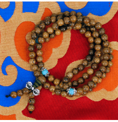 Mala - Holz mit Ziersteinen & silberfarbenen Dorje - 108 Perlen - elastisch -  ca. 36 cm