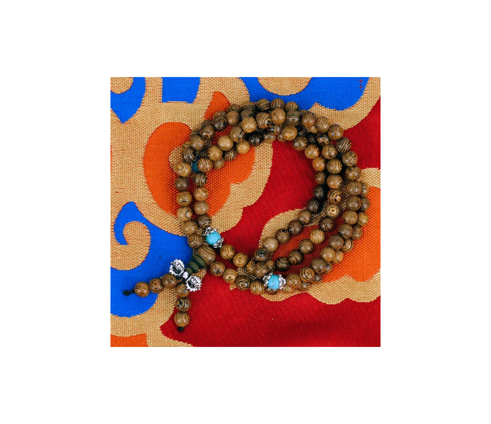 Mala - Holz mit Ziersteinen & silberfarbenen Dorje - 108 Perlen - elastisch - ca. 36 cm