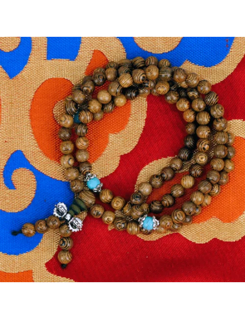 Mala - Holz mit Ziersteinen & silberfarbenen Dorje - 108 Perlen - elastisch - ca. 36 cm