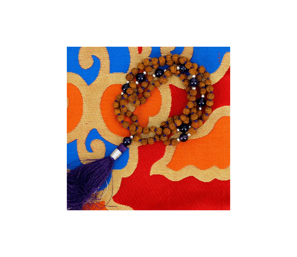 Mala - Rudraksha und Amethyst - mit violetter Quaste - 108 Perlen - ca. 40cm