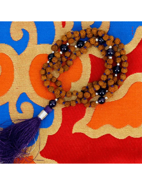 Mala - Rudraksha und Amethyst - mit violetter Quaste - 108 Perlen - ca. 40cm