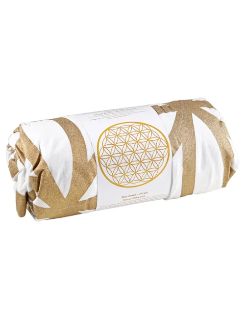 Decke - Blume des Lebens - für Strand, Picknick & Freizeit - Baumwolle - Weiß/Gold -Rund - ca. 150 cm