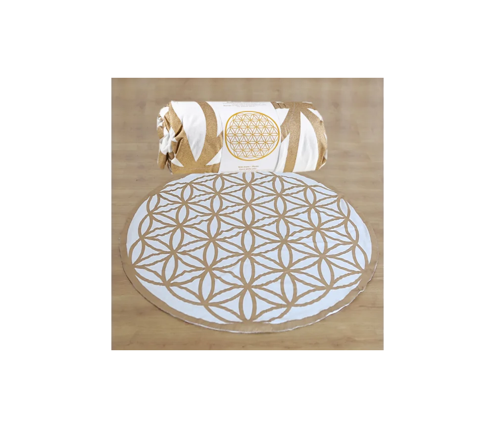 Decke - Blume des Lebens - für Strand, Picknick & Freizeit - Baumwolle - Weiß/Gold -Rund - ca. 150 cm