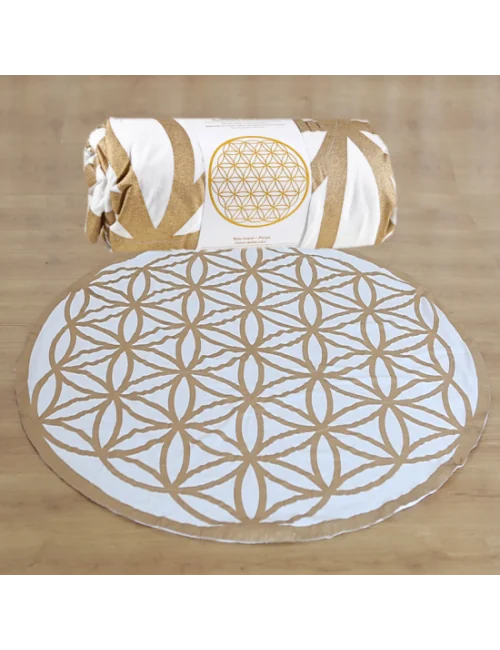 Decke - Blume des Lebens - für Strand, Picknick & Freizeit - Baumwolle - Weiß/Gold -Rund - ca. 150 cm