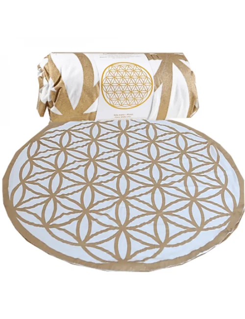 Decke - Blume des Lebens - für Strand, Picknick & Freizeit - Baumwolle - Weiß/Gold -Rund - ca. 150 cm
