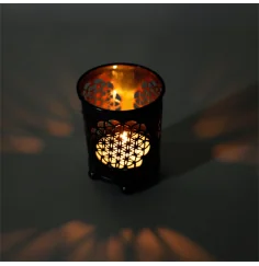 Teelichthalter - Blume des Lebens - mit Glas innen - Schwarz/Bronze - ca. 6x5 cm - 4er Set
