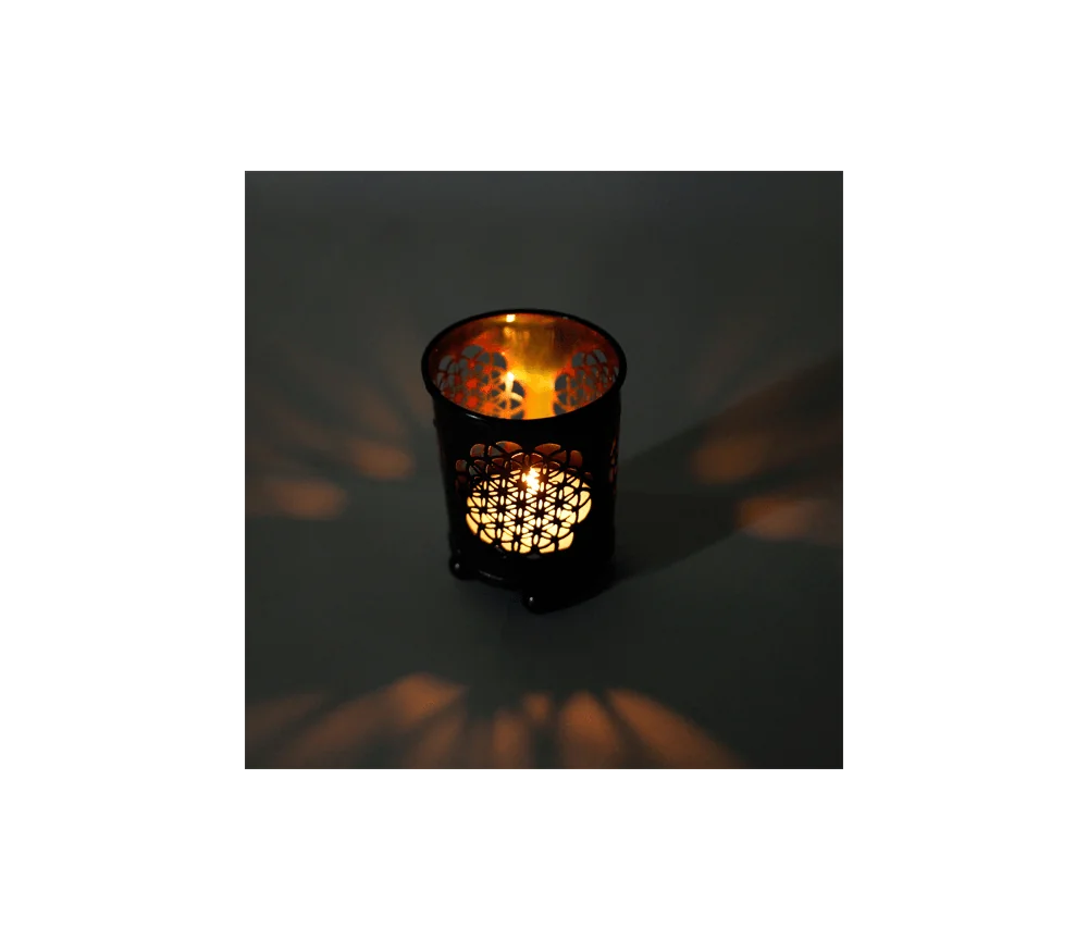 Teelichthalter - Blume des Lebens - mit Glas innen - Schwarz/Bronze - ca. 6x5 cm - 4er Set