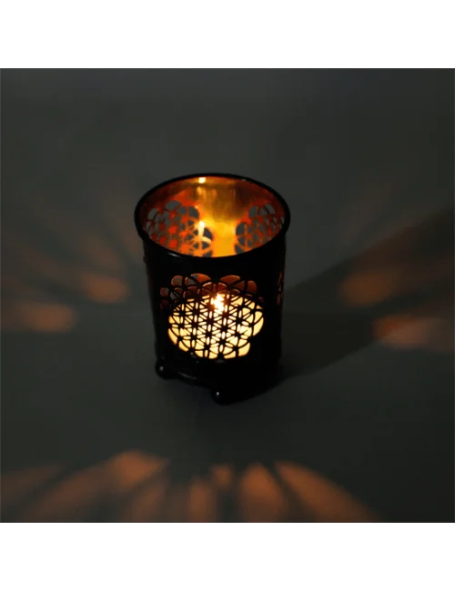 Teelichthalter - Blume des Lebens - mit Glas innen - Schwarz/Bronze - ca. 6x5 cm - 4er Set