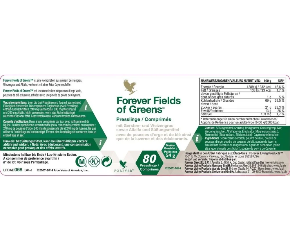Forever - Forever Fields of Greens® -Nahrungsergänzungsmittel mit grünem Gerstengras, Weizengras und Alfalfa - 80 Presslinge