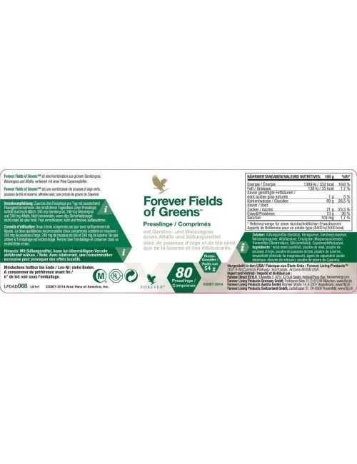Forever - Forever Fields of Greens® -Nahrungsergänzungsmittel mit grünem Gerstengras, Weizengras und Alfalfa - 80 Presslinge