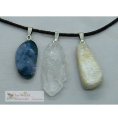 One World Minerals - Moosachat, Fadenquarz & Mondstein, mit Silberschlaufe (925) im Set