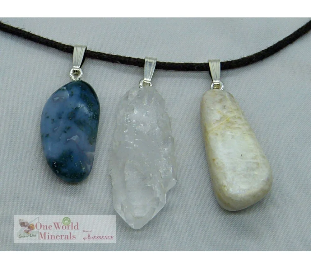 One World Minerals - Moosachat, Fadenquarz & Mondstein, mit Silberschlaufe (925) im Set