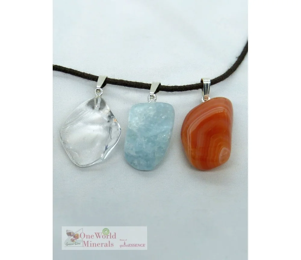 One World Minerals - Bergkristall, Aquamarin & Carneol, mit Silberschlaufe (925) im Set