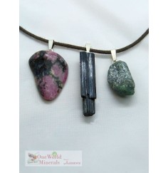 One World Minerals - Rhodonit, Turmalin & Smaragd, mit Silberschlaufe (925) im Set