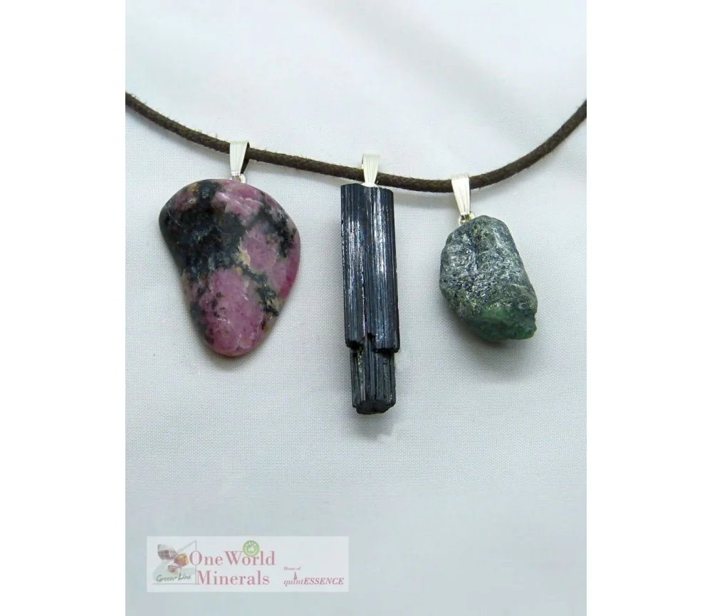 One World Minerals - Rhodonit, Turmalin & Smaragd, mit Silberschlaufe (925) im Set