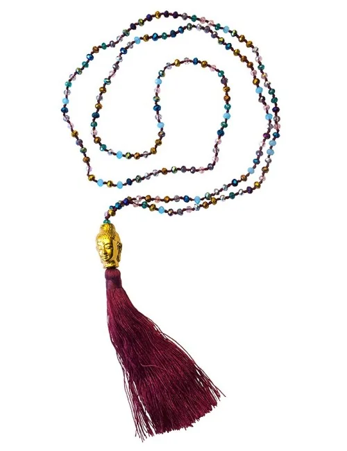 "Buddha Mala" bunt/weinrot mit 108 Glasperlen 58cm