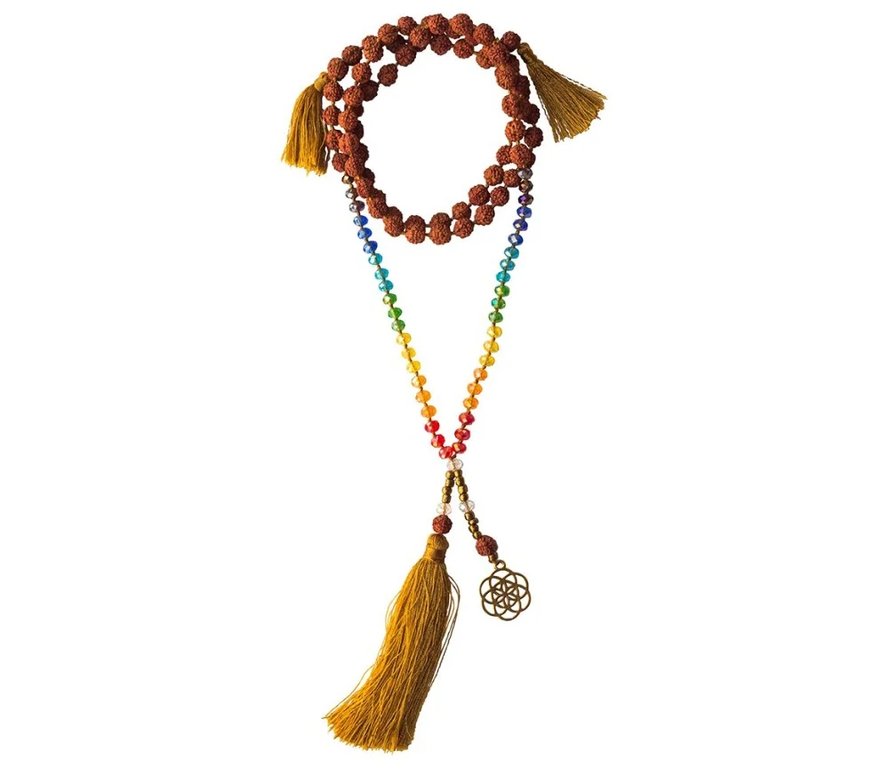 Mala - Chakra -Saat des Lebens- Rudraksha/Glassperlen mit Messinganhänger 52cm