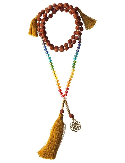 Mala "Chakra Saat des Lebens" Rudraksha/Glassperlen mit Messinganhänger 52cm