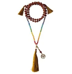 Mala - Chakra - Baum des Lebens- Rudraksha/Glassperlen mit Messinganhänger 52cm