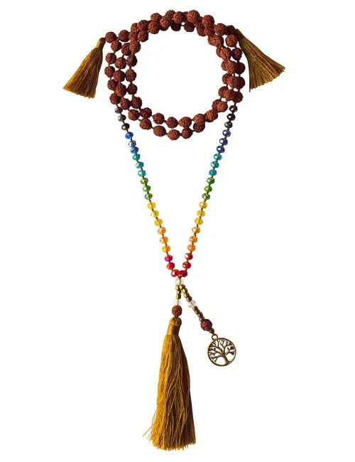 Mala "Chakra Baum des Lebens" Rudraksha/Glassperlen mit Messinganhänger 52cm