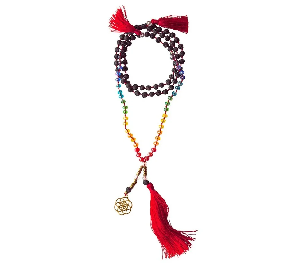 Mala - Chakra - Saat des Lebens- Lavasteine/Glassperlen mit Messinganhänger 52cm