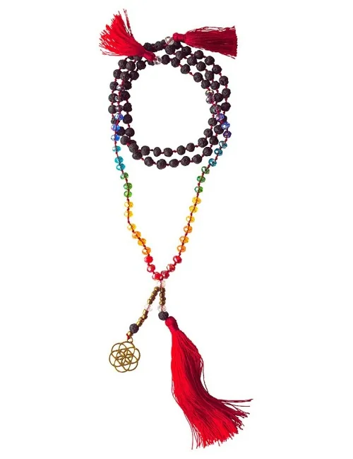 Mala "Chakra Saat des Lebens" Lavasteine/Glassperlen mit Messinganhänger 52cm