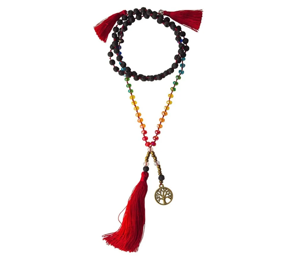 Mala - Chakra - Baum des Lebens- Lavasteine/Glassperlen mit Messinganhänger 52cm