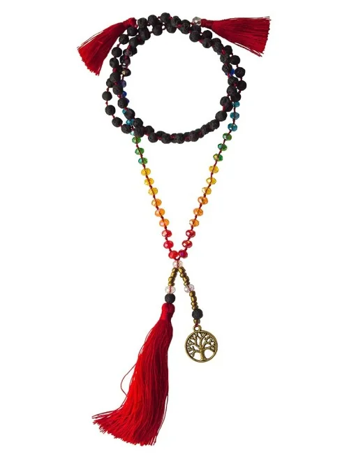Mala "Chakra Baum des Lebens" Lavasteine/Glassperlen mit Messinganhänger 52cm
