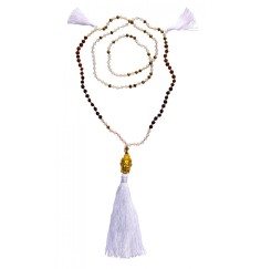 Mala - Buddha- weiss mit Glasperlen, Lavasteinen & Rudraksha 58cm