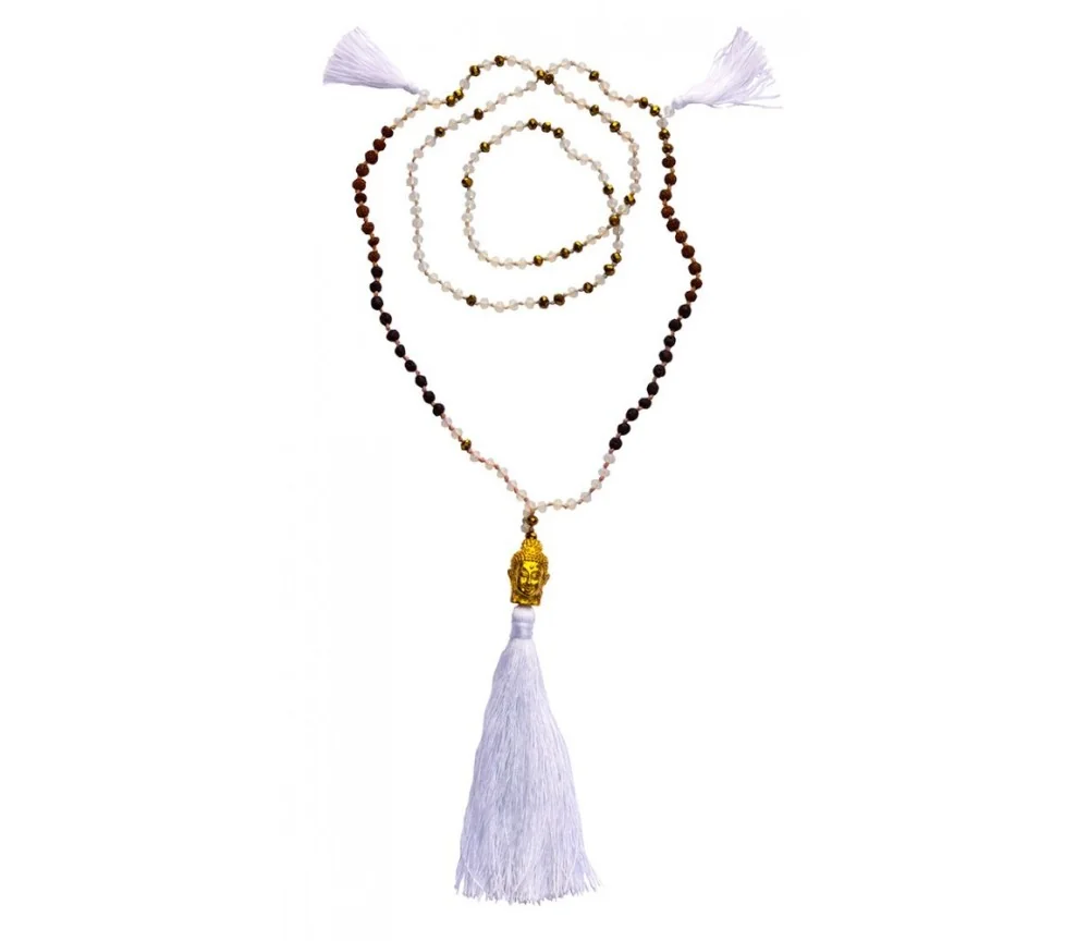 Mala - Buddha- weiss mit Glasperlen, Lavasteinen & Rudraksha 58cm