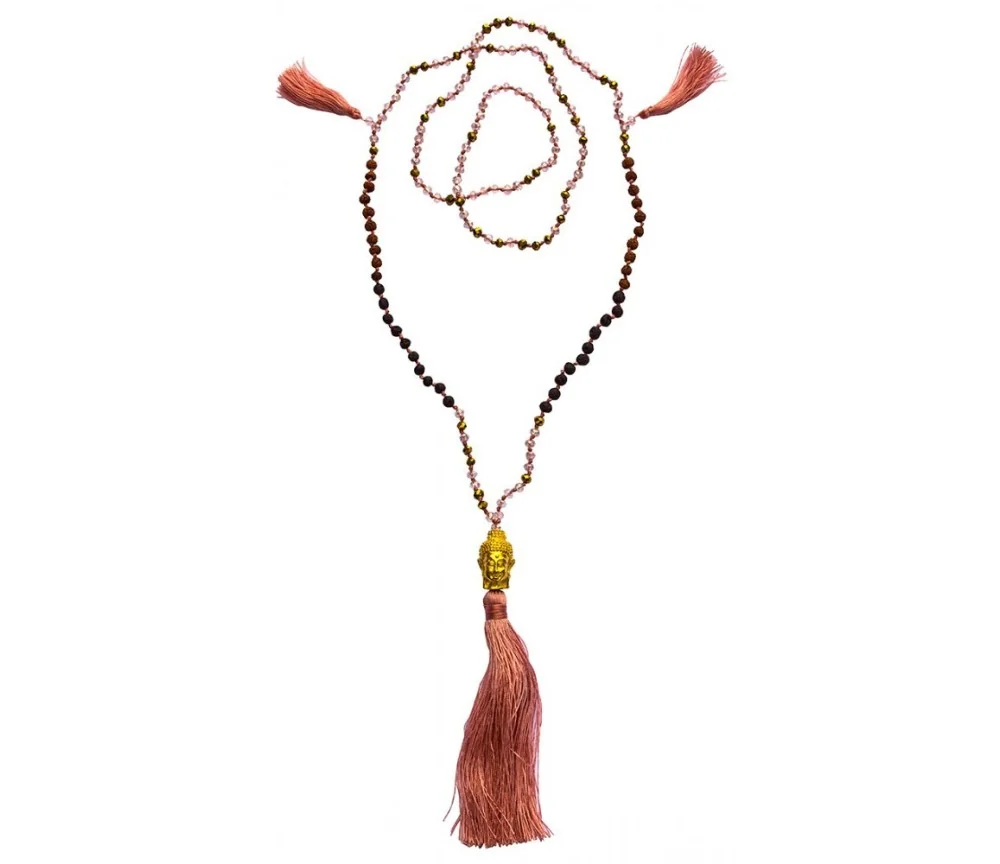 Mala - Buddha- pink mit Glasperlen, Lavasteinen & Rudraksha 58cm