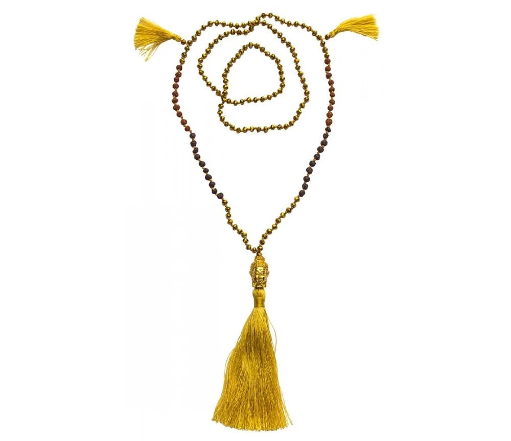 Mala - Buddha- gold mit Glasperlen, Lavasteinen & Rudraksha 58cm