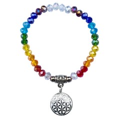 Armband - Tikra - Blume des Lebens Rainbow- Kristallglasperlen/Messing versilbert 6cm