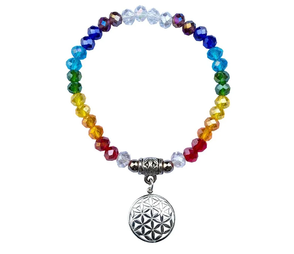 Armband - Tikra - Blume des Lebens Rainbow- Kristallglasperlen/Messing versilbert 6cm