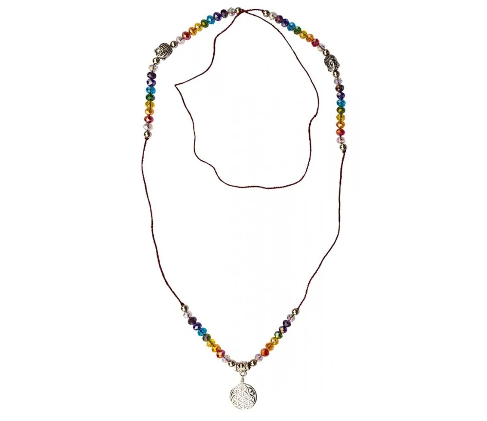 Mala - Buddha - Blume des Lebens Rainbow- Kristallglasperlen/Messing versilbert 48cm