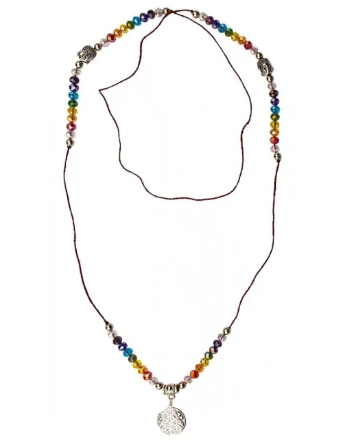 Buddha Mala "Blume des Lebens Rainbow" Kristallglasperlen/Messing versilbert 48c
