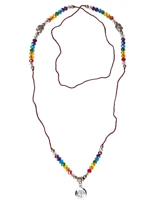 Buddha Mala "Om Rainbow" Kristallglasperlen/Messing versilbert 48cm