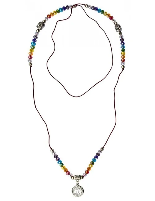 Buddha Mala "Baum des Lebens Rainbow" Kristallglasperlen/Messing versilbert 48cm