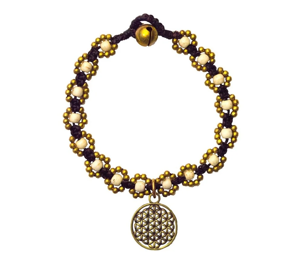 Armband - Flower mit Blume des Lebens- weiß, Messing Perlen, 20cm