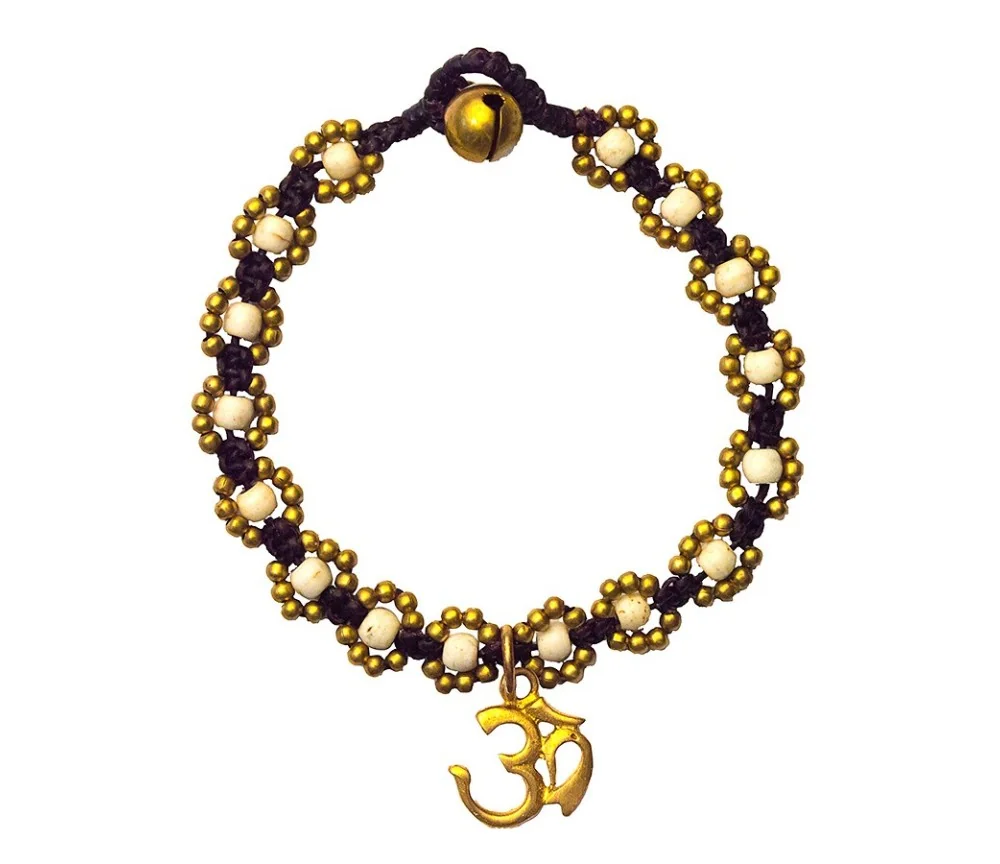 Armband - Flower mit Om- weiß, Messing Perlen, 20cm