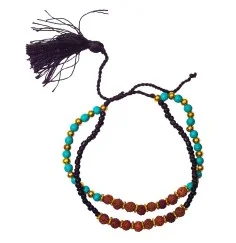 Armband - Rudrakasha/Türkis und Messingperlen- 2 Strang Ø 6cm verstellbar