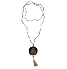 Mala - Ganesha- Glasperlen silberfarben mit gelaserter Muschelscheibe 45cm