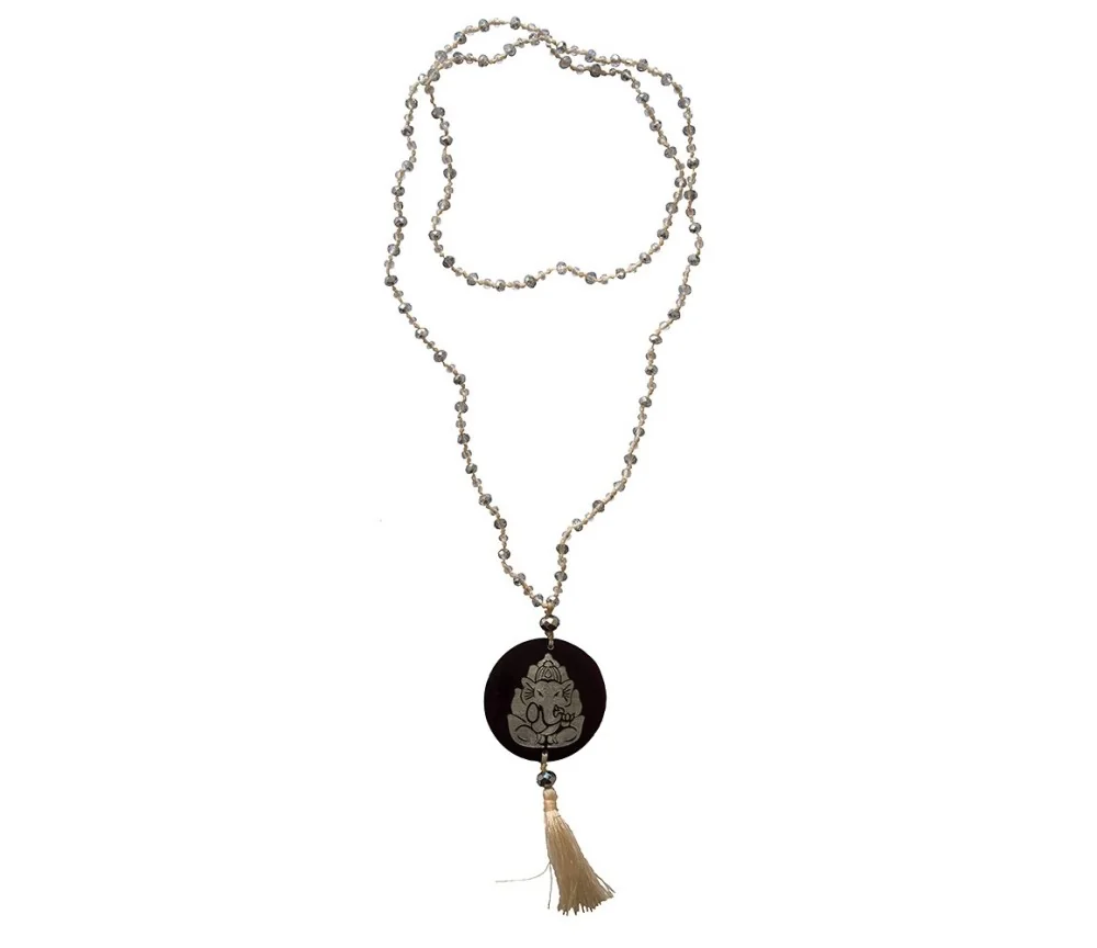 Mala - Ganesha- Glasperlen silberfarben mit gelaserter Muschelscheibe 45cm