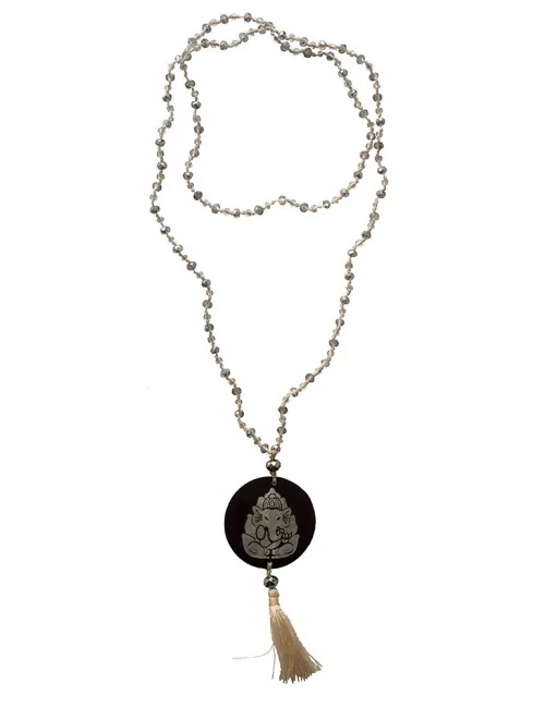 Mala "Ganesha" Glasperlen silberfarben mit gelaserter Muschelscheibe 45cm